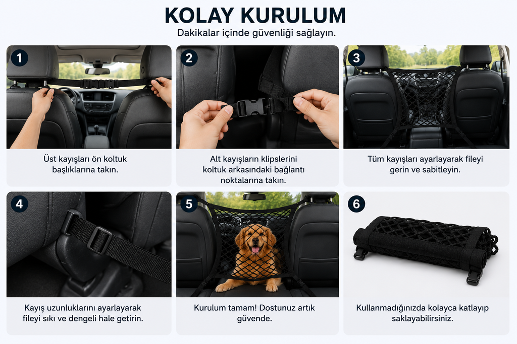 Araç İçi Köpek Güvenlik Filesi I Esnek Arıcı Bariyer & Saklama Cebi