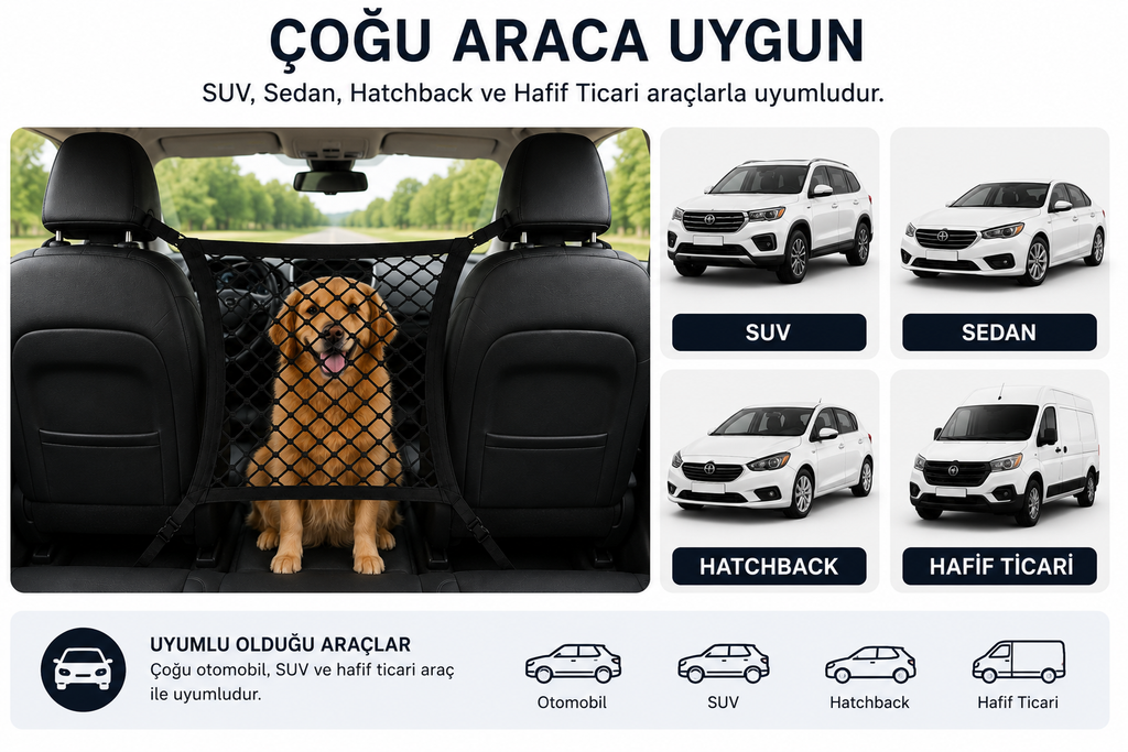 Araç İçi Köpek Güvenlik Filesi I Esnek Arıcı Bariyer & Saklama Cebi