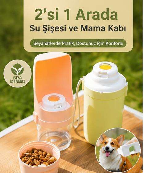 2'si 1 Arada Taşınabilir Evcil Hayvan Su Şişesi Ve Mama Kabı