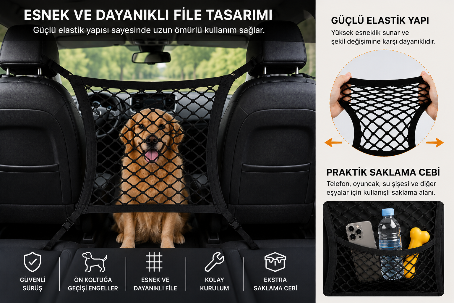 Araç İçi Köpek Güvenlik Filesi I Esnek Arıcı Bariyer & Saklama Cebi